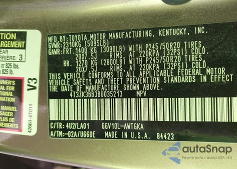 2011 Toyota Venza Base V6 z USA, uszkodzony, nr VIN 4T3ZK3BB3BU035213